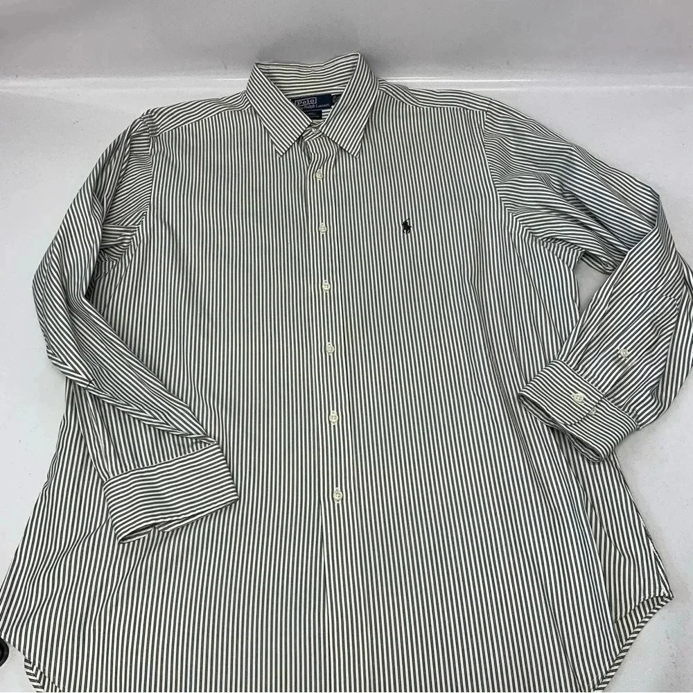 Polo Ralph Lauren Shirt Men 17.5 Lowell Gray Stripe Long Sleeve 100% Cotton Pony
